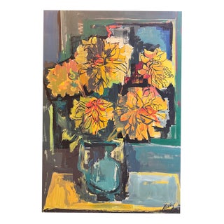 Frank Chabry, Yellow Flowers, Oil on Canvas / Paper For Sale