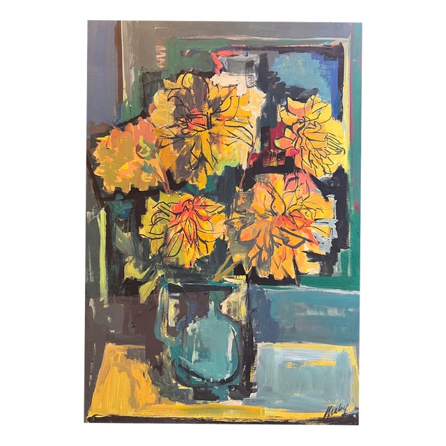 Frank Chabry, Yellow Flowers, Oil on Canvas / Paper For Sale