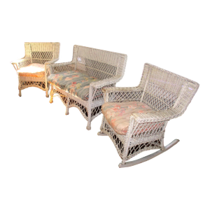 Late 19th Century Antique Heywood Wakefield Style Heavy White Wicker Settee Set With Chair & Rocker