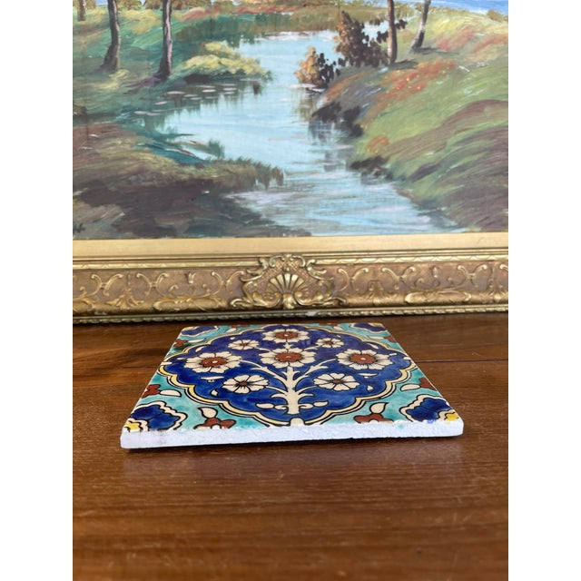 Hand-Painted Glazed Ceramic Tile With Ottoman Floral Motif in Cobalt and Turquoise. For Sale In Seattle - Image 6 of 8