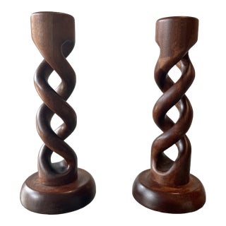 Extra Large Danish Twisted Teak Candle Holders For Sale