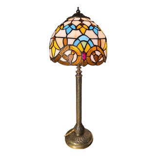 Antique Chiseled Bronze Table Lamp with Stained Glass Lampshade, 1900 For Sale