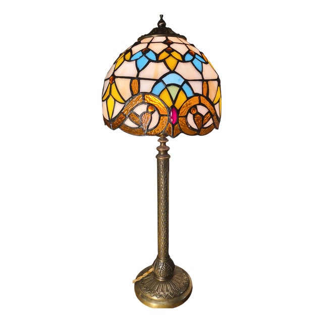 Antique Chiseled Bronze Table Lamp with Stained Glass Lampshade, 1900 For Sale