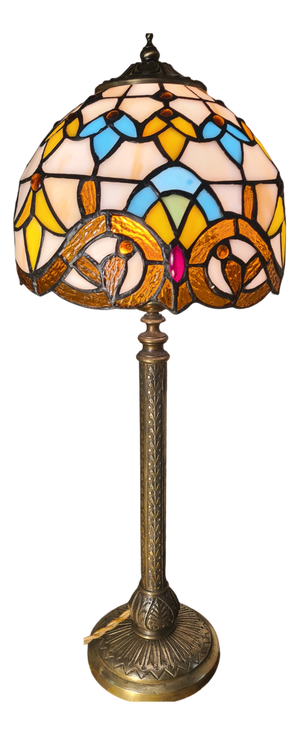 Antique Chiseled Bronze Table Lamp with Stained Glass Lampshade, 1900