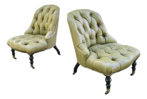 Vintage Tufted Leather English Slipper Chairs - Set of 2