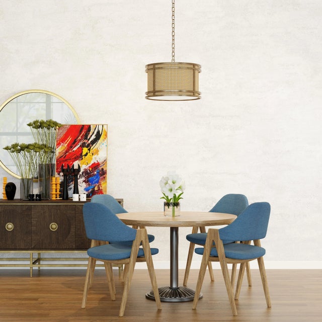 Metal Tailor Single-Light Cane and Brass Drum Pendant Chandelier For Sale - Image 7 of 8