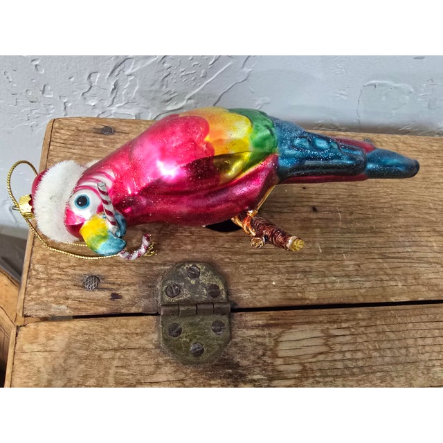 Vintage Hand-Blown Glass Tropical Parrot in Santa Hat Christmas Ornament For Sale - Image 11 of 12