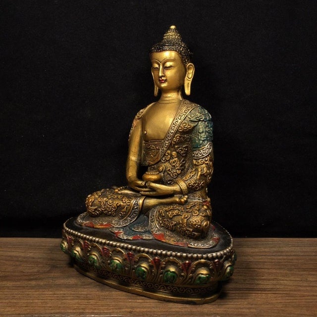 Vintage Gilt Brass Shakyamuni Buddha Statue With Polychrome Robe & Lotus Base For Sale In Los Angeles - Image 6 of 9