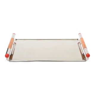 Vintage Italian Larry Laslo for Towle Futura Rectangular Silver Plate Tray With Wood and Red Resin For Sale
