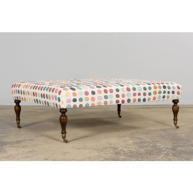 Vintage French Tufted Ottoman in Multicolor Linen Upholstery For Sale - Image 11 of 15