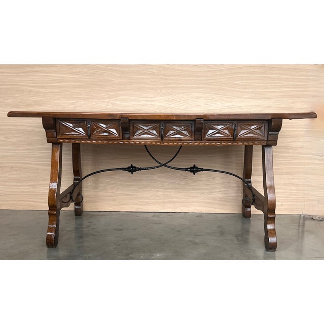Baroque 20th Century Solid Walnut Baroque Lyre-Leg Trestle Refectory Desk Writing Table For Sale - Image 3 of 11