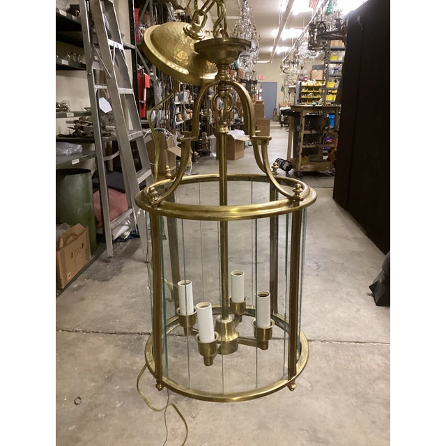 Mid 20th Century Italian Mid-Century Brass & Glass Lantern Chandelier, 4-Light For Sale - Image 4 of 5
