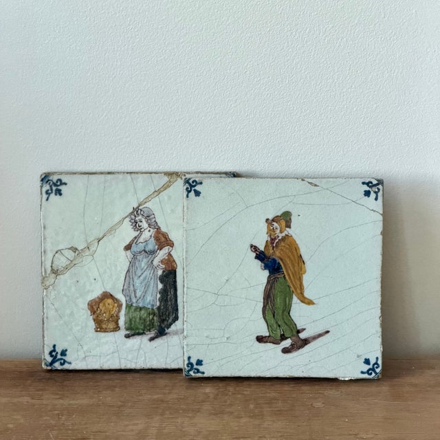 Pair 18th Century Dutch Delft Polychrome Figural Tiles For Sale - Image 4 of 6