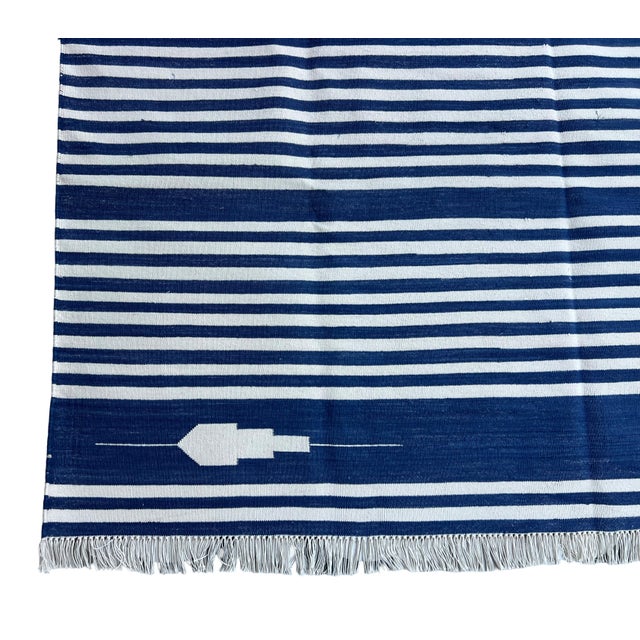 Handmade Denim Blue and White Cotton Vegetable Dyed Striped Rug - 14'x16' For Sale - Image 11 of 11