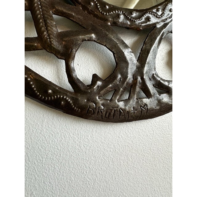 Mexican Vintage Handmade Punched Tin Brutalist Bird Motif Oval Mirror For Sale - Image 3 of 12