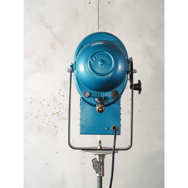 1950s Blue Fresnel Theater Spotlight Floor Lamp on Matching Steel Tripod from A.E. Cremer, Paris, 1950s For Sale - Image 5 of 18