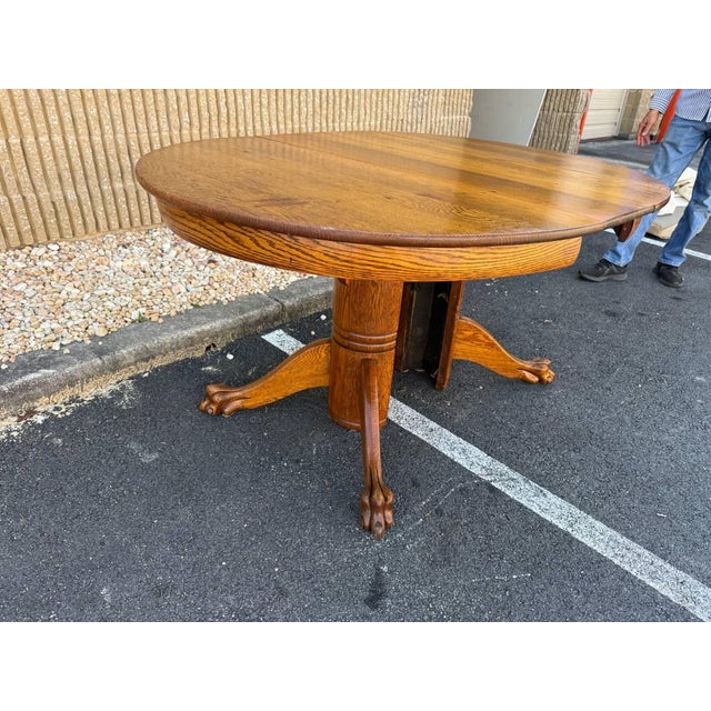 Antique Claw Feet Round Oak Pedestal Dining Table With Leaf For Sale - Image 14 of 17