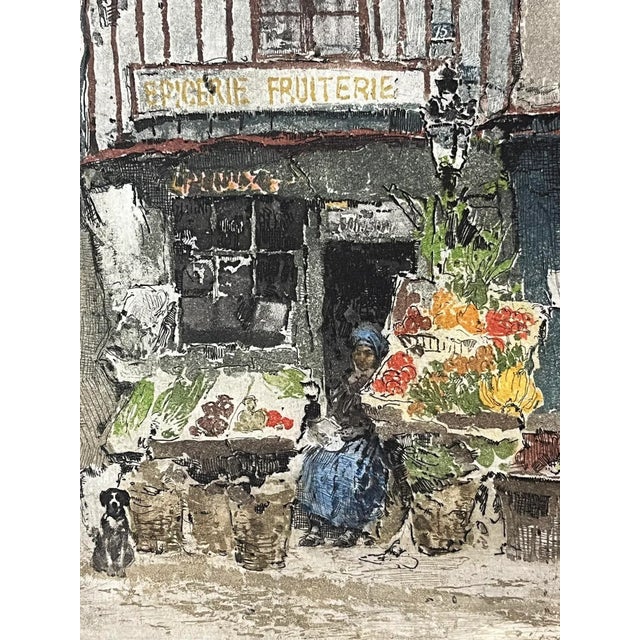Vintage Color Etching Paris Fruit Shop 77 Rue Galande by Franz Xavier Wolf For Sale - Image 4 of 7