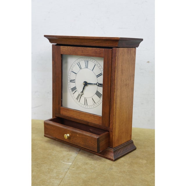 Vintage Mission Arts & Crafts Oak Table Top Quartz Mantel Clock Drawer Bat Op For Sale - Image 4 of 16