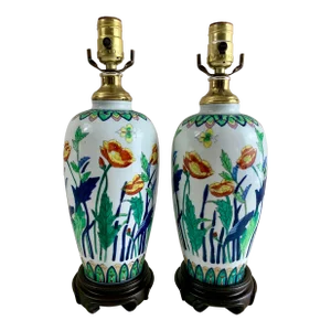 Hand Painted Thai Porcelain Table Lamps - a Pair