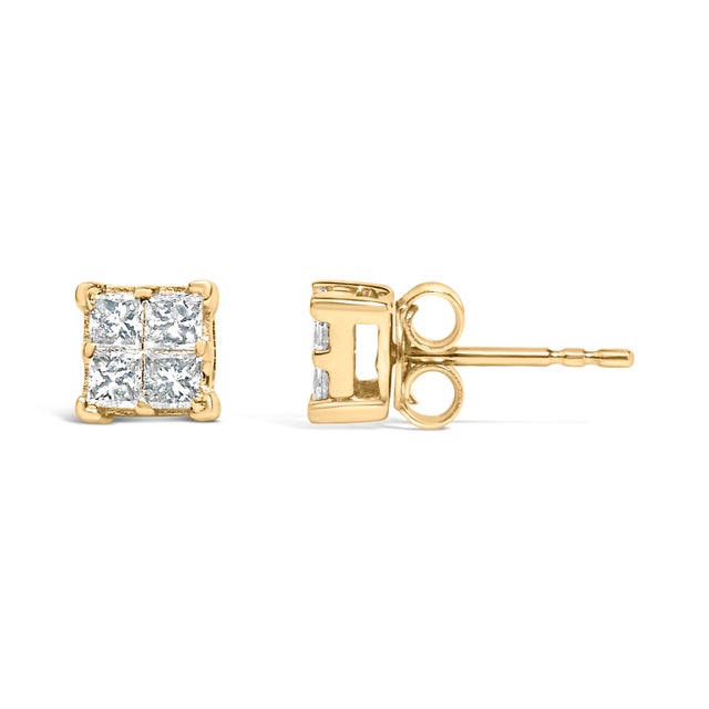 Contemporary 14K Yellow Gold 1/2 Cttw Invisible Set Princess Diamond Composite Square Stud Earring (K-L Color, SI1-SI2 Clarity) For Sale - Image 3 of 6
