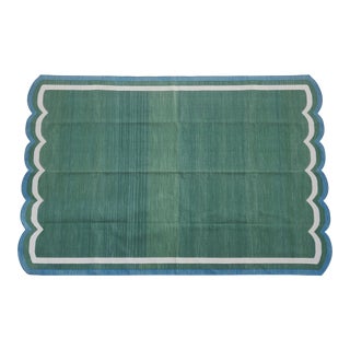 Handmade Cotton Scalloped Rug, Forest Green with Cream and Blue Trim - 8'x10' For Sale