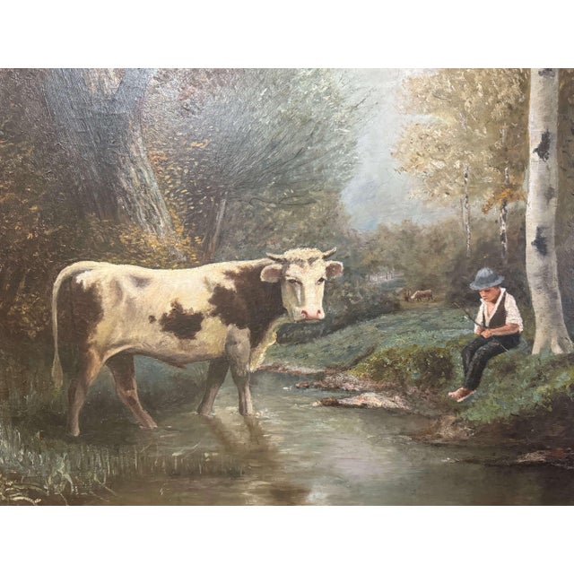 Green 19th Century French Pastoral Oil Painting of Cow and Boy in Giltwood Frame For Sale - Image 8 of 11