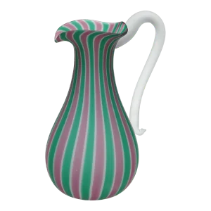 Murano Fratelli Toso Satin Surface Pink Green Canne Vintage Italian Art Glass Mid-Century Modern Pitcher