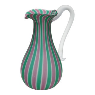 Vintage Murano Fratelli Toso Satin Surface Pink Green Canne Italian Art Glass Mid-Century Modern Pitcher For Sale