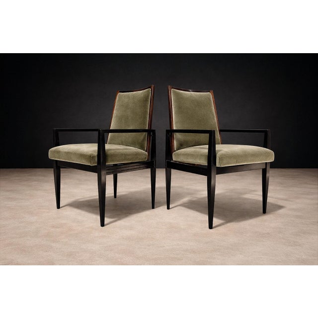 Cimo, Brazil, 1950s — Set of 8 Dining Chairs in Hardwood With Dusty Olive Mohair & Jacarandá Backs (2 Armchairs + 6 Side Chairs) For Sale - Image 13 of 16