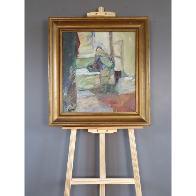 Mid-Century Modern Mid-Century Modern 'Figure by the Window' Swedish Abstract Figurative Oil Painting, Framed For Sale - Image 3 of 12