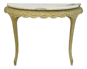 Italian Neoclassical Half Round Demilune Marble Top Ribbon Carved Console Table