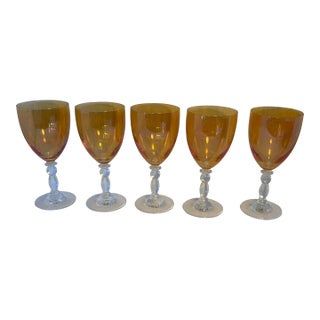 Set of 4 Mid-Century Amber Wine Goblets With Sculptural Clear Stems, 1970s For Sale