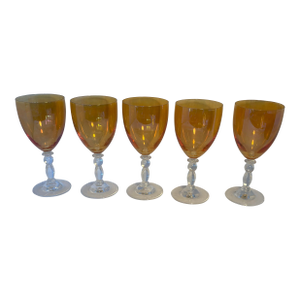 Set of 5 Mid-Century Amber Wine Goblets With Sculptural Clear Stems, 1970s