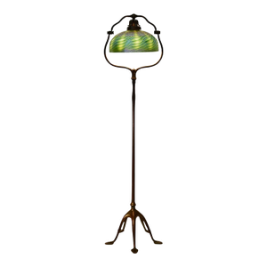 Tiffany Studios Bronze Harp Floor Lamp With Green Damascene Favrile Glass Shade