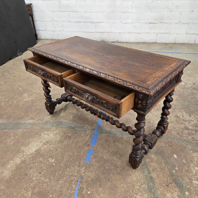 Mid 19th Century Jacobean Carved Oak Barley Twist H-Stretcher and Leg Writing Table For Sale - Image 18 of 18