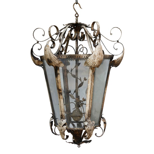 A Beautiful French XL Vintage Tole Hanging Lantern W/ Floral Accents. An exquisite large size French wrought iron and...