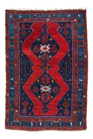 1950s Caucasian Tribal Red Navy Blue Geometric Kazak Rug