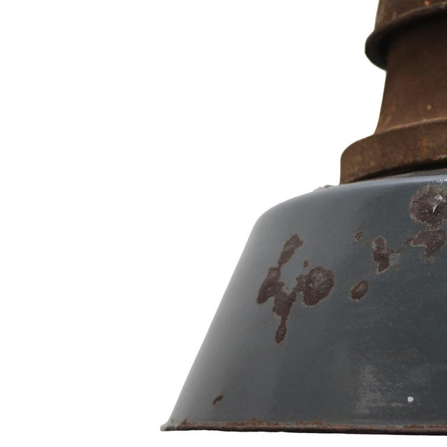 Vintage Industrial Blue Enamel & Cast Iron Train Station Pendant Lamp For Sale - Image 4 of 7