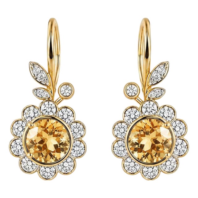 Art Nouveau Citrine Flower and Leaf Drop Earrings, Silver, Gold, Pair For Sale