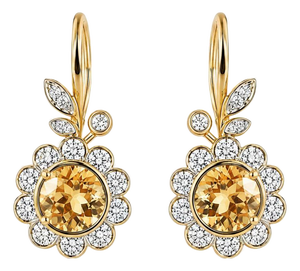 Art Nouveau Citrine Flower and Leaf Drop Earrings, Silver, Gold, Pair