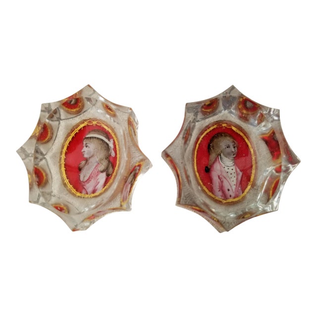 18th Century Cut Glass Reverse Painted Portrait Master Salt Cellars For Sale