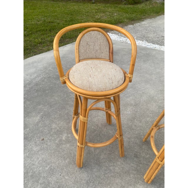 Boho Chic Vintage Boho Coastal Rattan Swivel Bar Stools With Beige Fabric Seat Set of 3 For Sale - Image 3 of 11