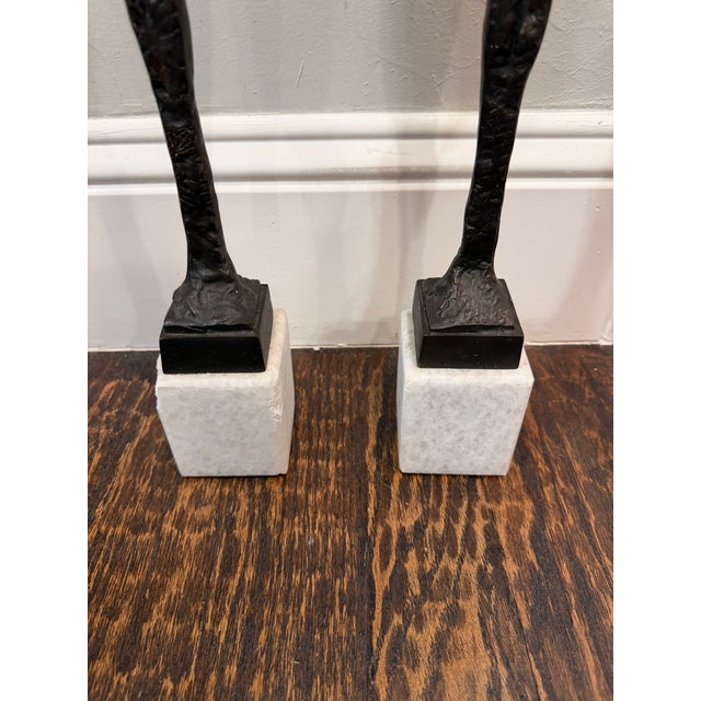 Late 20th Century Pair of Giacometti Style Male & Female Figural Sculptures on Marble Bases For Sale - Image 15 of 17