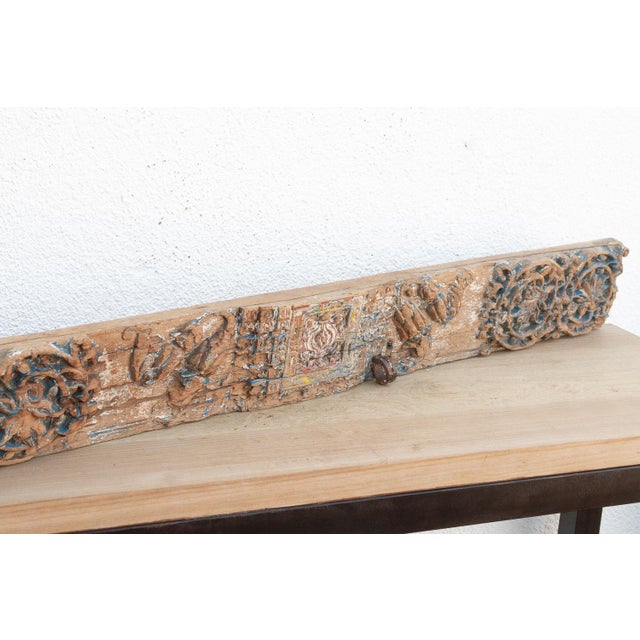 Brown Rare Blue Polychrome Carved Indian Lintel For Sale - Image 8 of 9