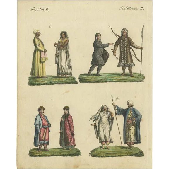 Bertuch, Illustration of Asians from East India, Siberia, Kalmyk and Arabia, 1801, Hand-Colored Print For Sale