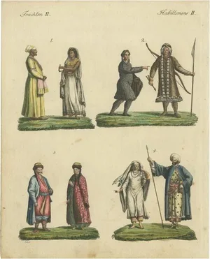 Bertuch, Illustration of Asians from East India, Siberia, Kalmyk and Arabia, 1801, Hand-Colored Print
