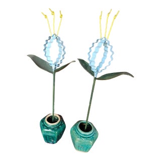 1950s Folk Art Abstract Tole Potted Flowers in Vintage Green Ginger Jar Pots - A Pair For Sale