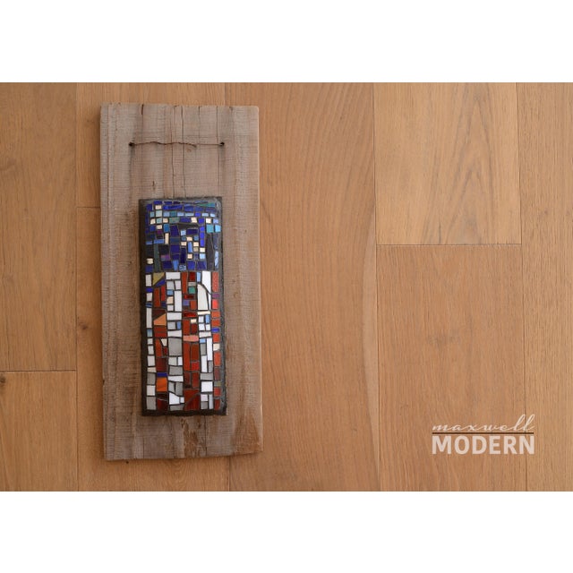 Beautiful vintage MCM wall art with mosaic glass on a rustic wooden board. Unsigned.
