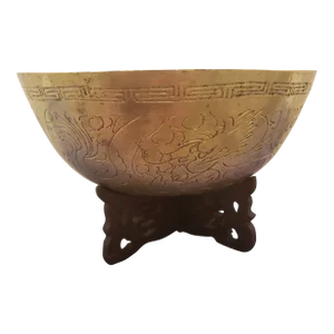 Vintage Early 20th Century Chinese Brass Etched Dragon Motif Bowl and Carved Stand